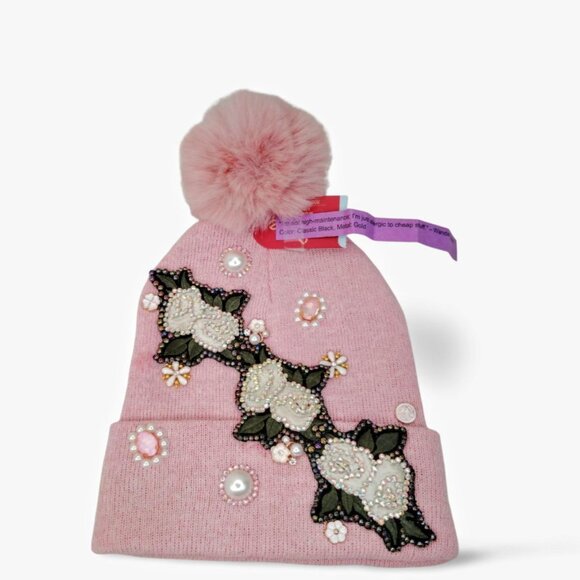 Artfully Crafted Dusty Rose Embroidered Roses Knit Beanie Crystal Adorned TT1522 - Picture 2 of 4